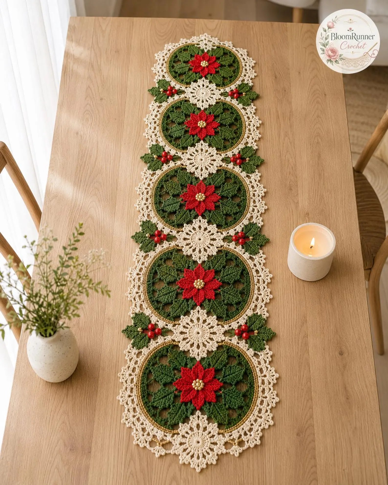Festive crochet table runner with red poinsettias, green holly leaves, golden circular borders, and cream-colored lace motifs.