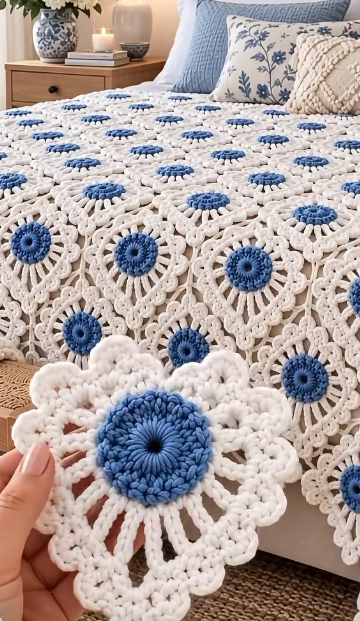 Hand holding a blue and white round crochet motif in front of a bedspread made from many identical motifs joined together.