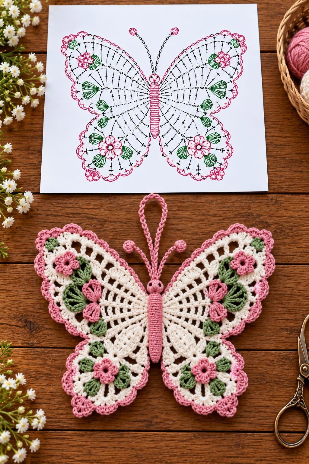A crocheted butterfly with lacy wings, floral details in pink and green, and a matching crochet diagram on paper, displayed on a wooden table.