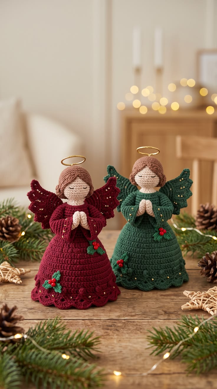 Two crocheted angel figurines with scalloped dresses, praying hands, wings, golden halos, and holly embellishments in burgundy and green.