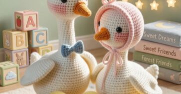 A crocheted goose family featuring two adult geese with accessories, three yellow ducklings, and a green meadow play mat decorated with flowers and mushrooms.