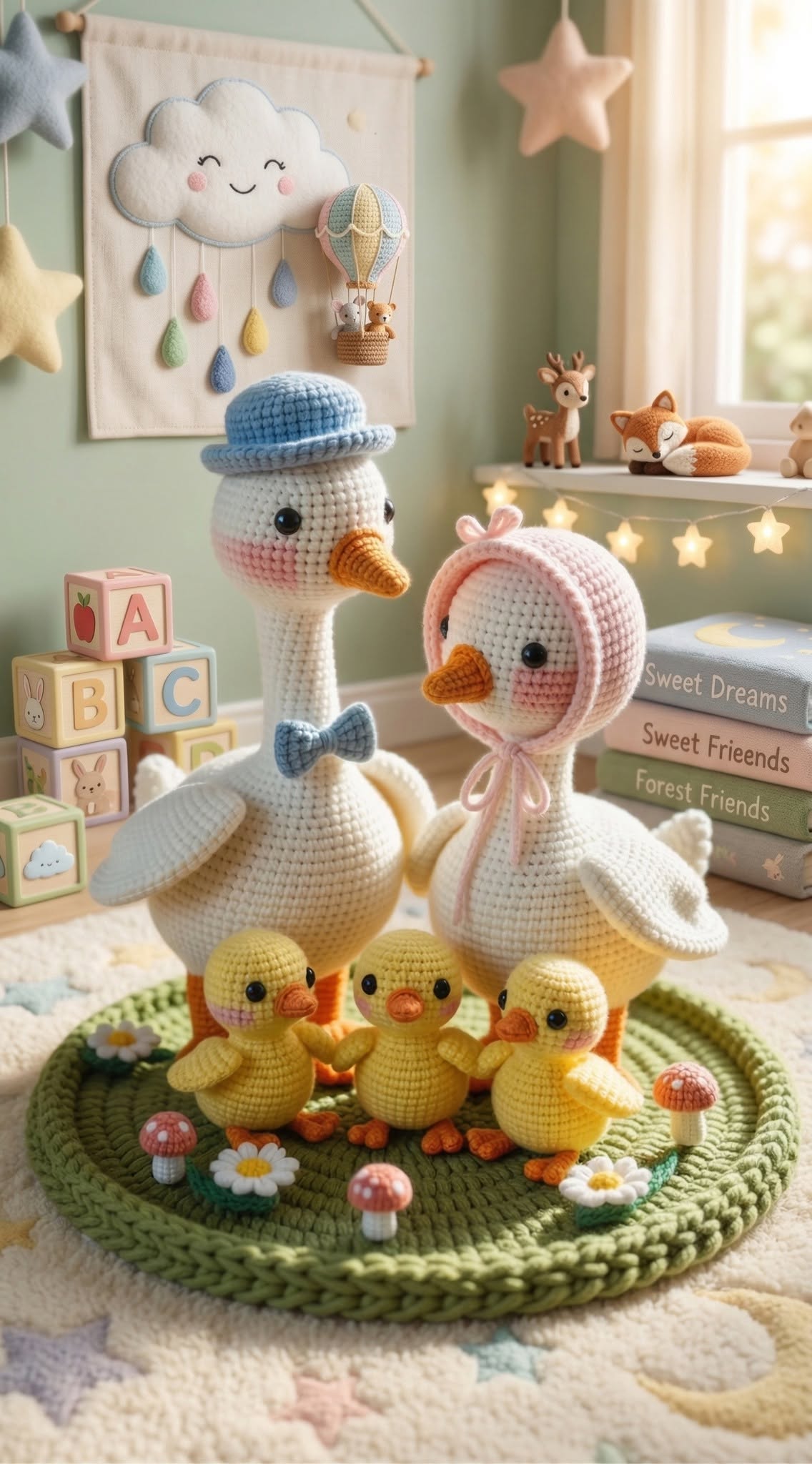 A crocheted goose family featuring two adult geese with accessories, three yellow ducklings, and a green meadow play mat decorated with flowers and mushrooms.