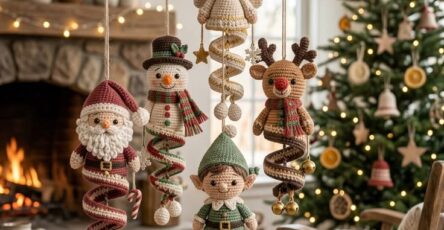 Five handmade crochet Christmas ornaments in the shapes of Santa, a snowman, an elf, a reindeer, and an angel, each with a spiral dangling body.
