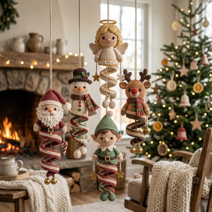 Five handmade crochet Christmas ornaments in the shapes of Santa, a snowman, an elf, a reindeer, and an angel, each with a spiral dangling body.
