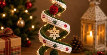 A crocheted spiral Christmas tree with a yellow star topper, snowflake and ball ornaments, red and green holly on a round crocheted base, and LED mini-lights.
