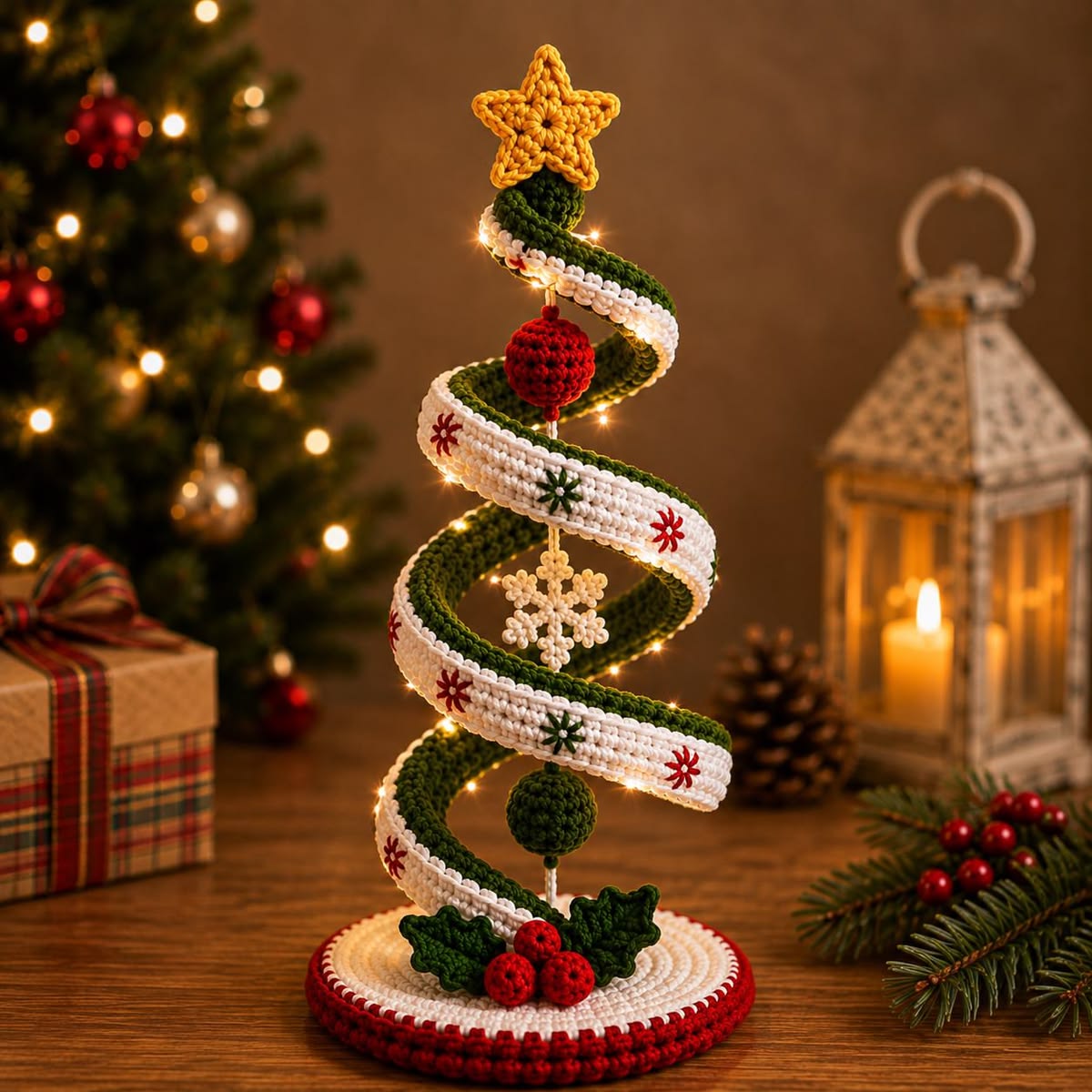 A crocheted spiral Christmas tree with a yellow star topper, snowflake and ball ornaments, red and green holly on a round crocheted base, and LED mini-lights.