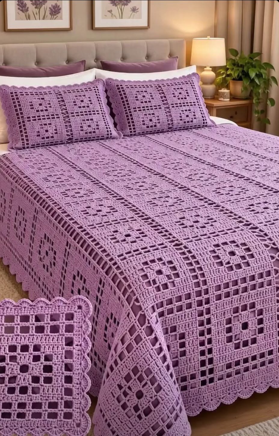 A lavender crochet bedspread and matching pillows with openwork square motifs and a scalloped border on a neatly made bed.