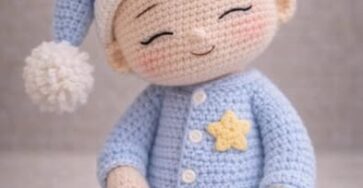 Crocheted amigurumi baby doll wearing a blue onesie, a matching hat with a pom-pom, and a yellow star appliqué.