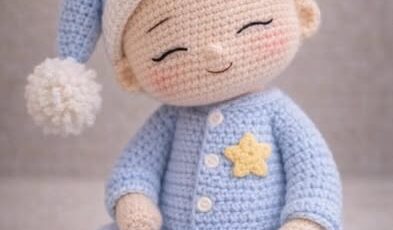 Crocheted amigurumi baby doll wearing a blue onesie, a matching hat with a pom-pom, and a yellow star appliqué.
