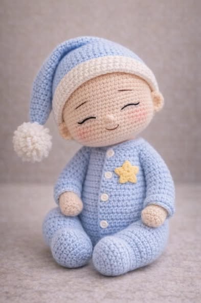 Crocheted amigurumi baby doll wearing a blue onesie, a matching hat with a pom-pom, and a yellow star appliqué.