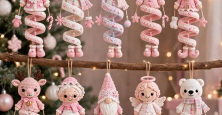 Ten pastel pink and white spiral-legged crochet Christmas ornaments shaped like Santa, elves, reindeer, angel, Mrs. Claus, and a polar bear with adorable faces, hanging on branches.
