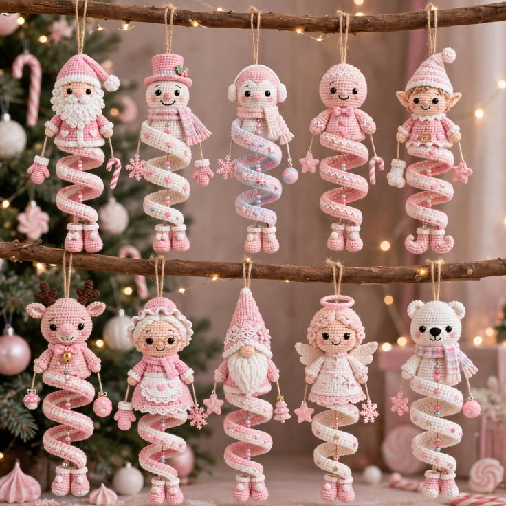 Ten pastel pink and white spiral-legged crochet Christmas ornaments shaped like Santa, elves, reindeer, angel, Mrs. Claus, and a polar bear with adorable faces, hanging on branches.