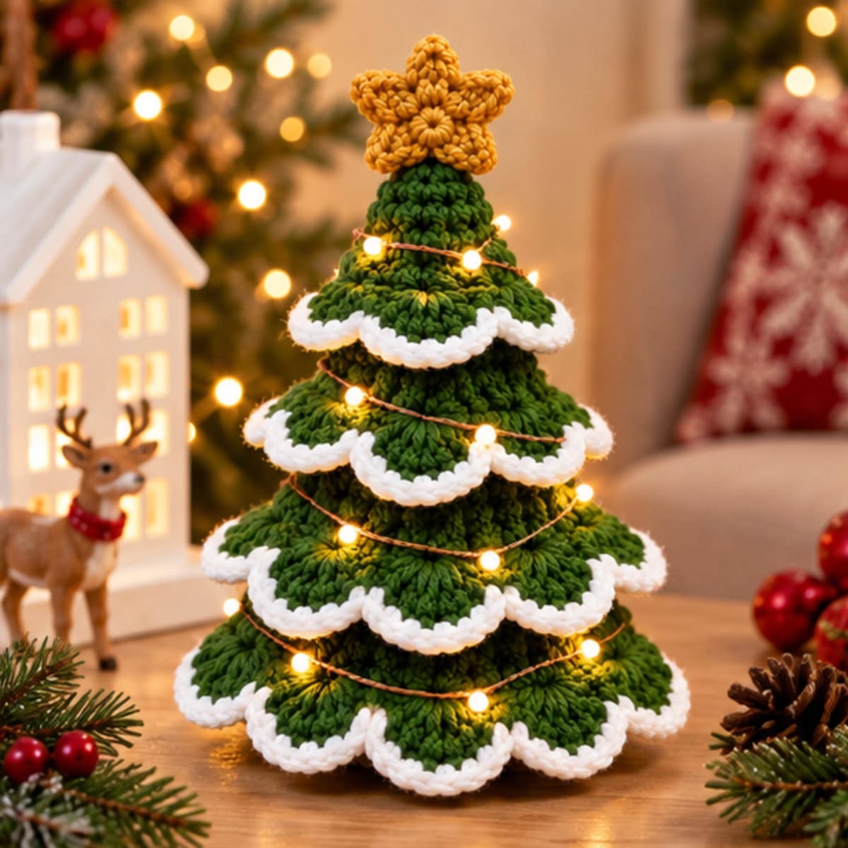 A crochet Christmas tree with green scalloped layers edged in white and topped with a yellow crochet star, decorated with LED string lights.