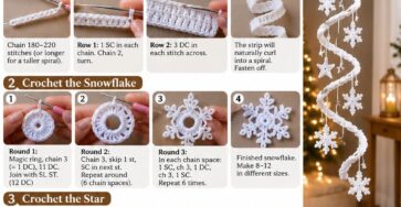 A hanging crochet decoration featuring a spiral strip with attached white snowflakes and stars, shown against a cozy interior background.