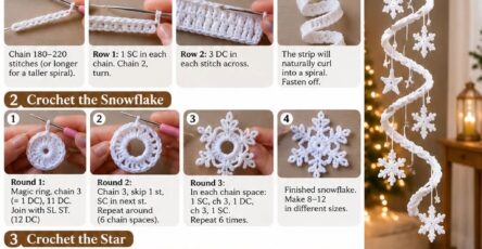 A hanging crochet decoration featuring a spiral strip with attached white snowflakes and stars, shown against a cozy interior background.