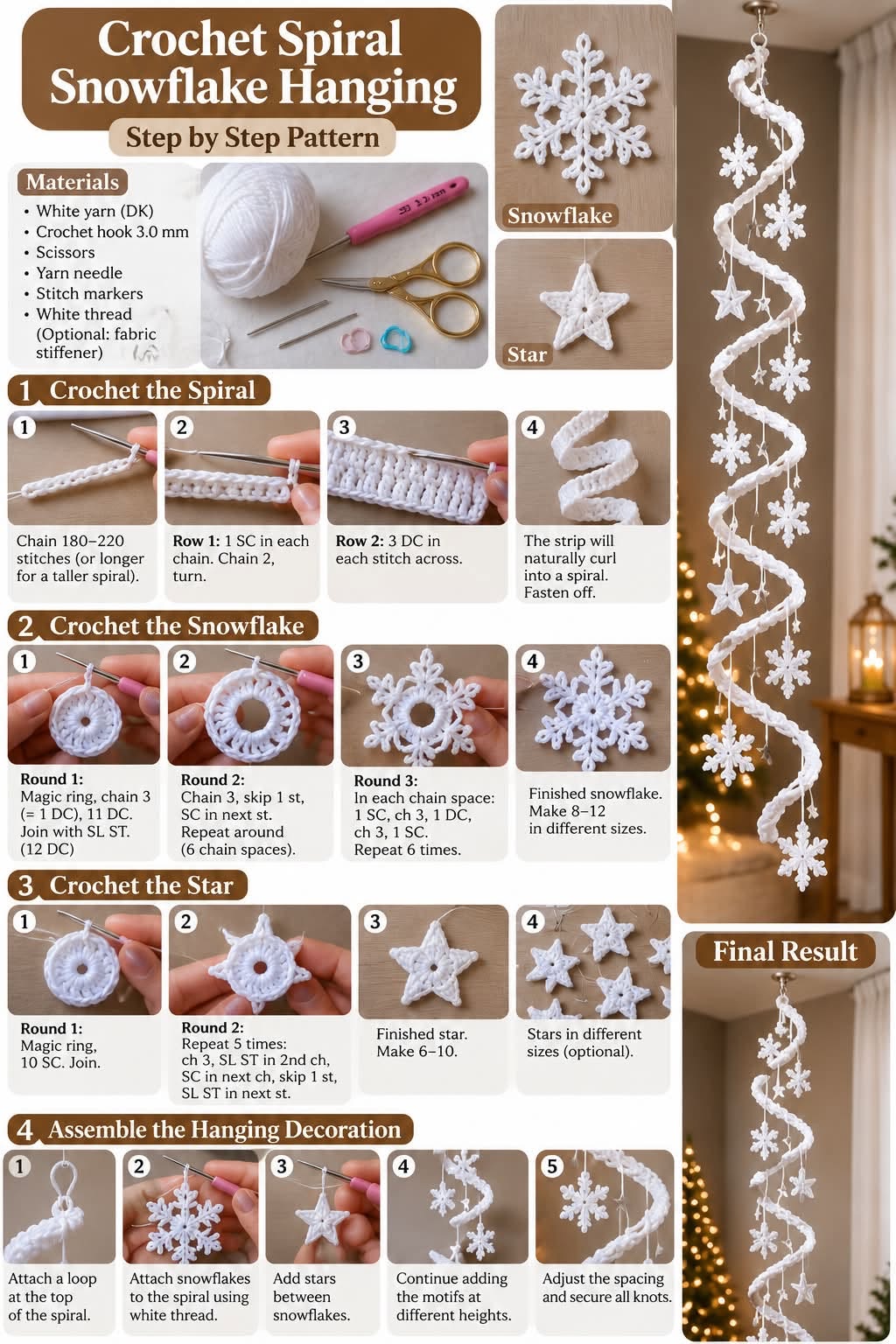 A hanging crochet decoration featuring a spiral strip with attached white snowflakes and stars, shown against a cozy interior background.