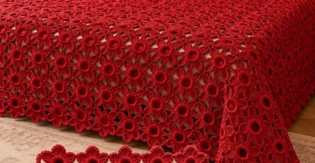 A large crochet bedspread with matching pillow covers featuring bold, red, tightly-clustered flower motifs joined in a lace pattern.