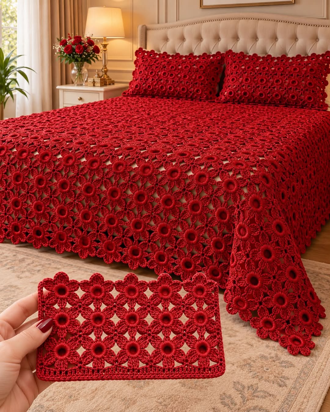 A large crochet bedspread with matching pillow covers featuring bold, red, tightly-clustered flower motifs joined in a lace pattern.