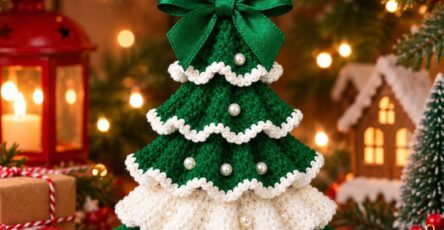 Crochet Christmas tree ornament with layered green and white ruffles, pearl decorations, green bow, and gold star topper.