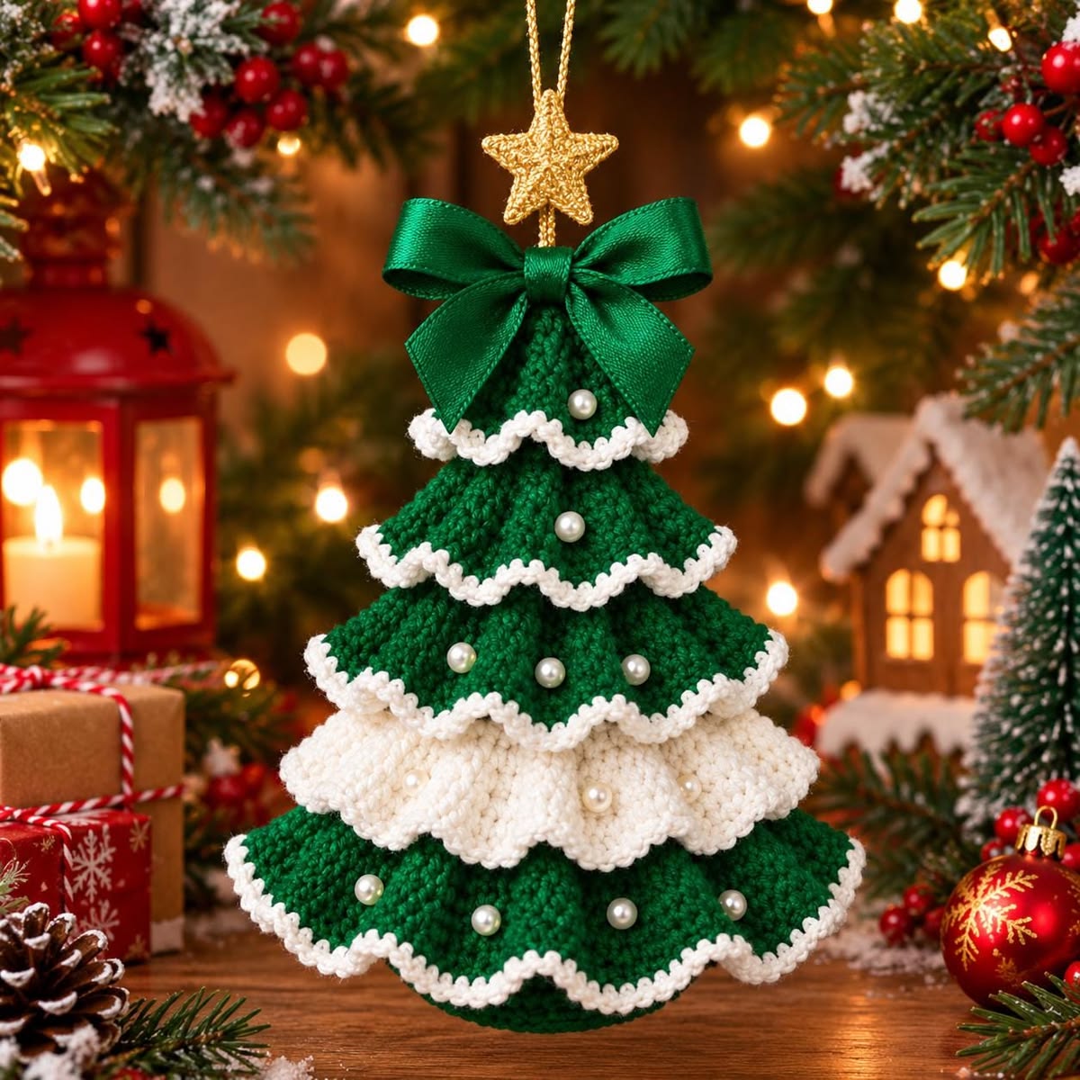 Crochet Christmas tree ornament with layered green and white ruffles, pearl decorations, green bow, and gold star topper.
