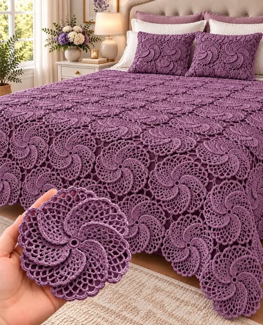 Lavender-colored crochet bedspread with repeating swirl motifs covering a bed, matching decorative pillows, and a close-up of one motif held in hand.