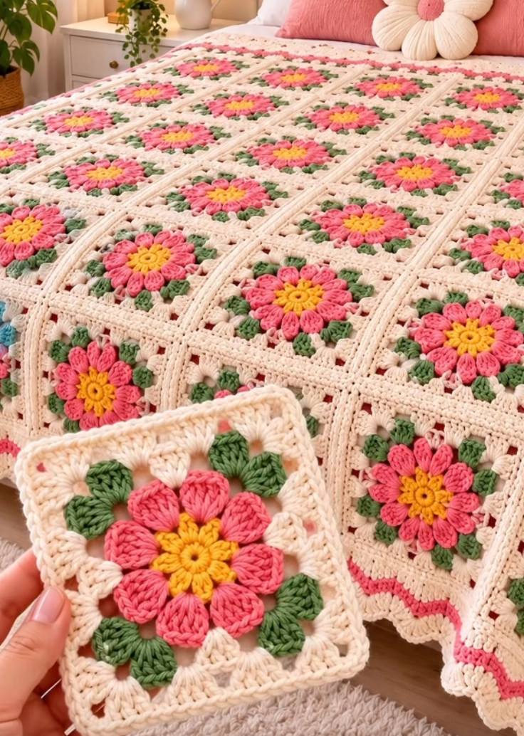 Colorful crochet blanket with floral granny squares in yellow, pink, green, and cream, displayed on a bed with one square shown up close.