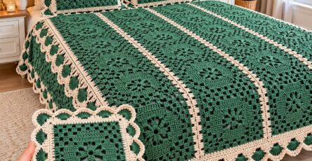 A crocheted bedspread and pillows made from green granny squares with cream borders and scalloped edging, displayed on a bed.