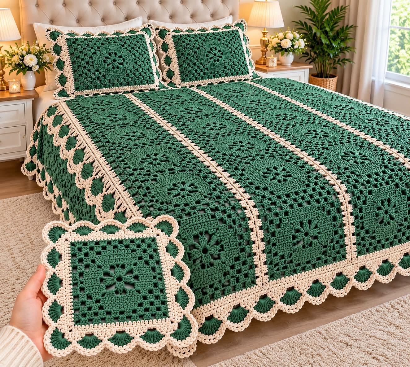 A crocheted bedspread and pillows made from green granny squares with cream borders and scalloped edging, displayed on a bed.