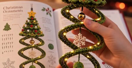 A detailed crochet Christmas tree ornament featuring a spiral base, beaded decorations, a yellow star topper, and festive hanging accents.