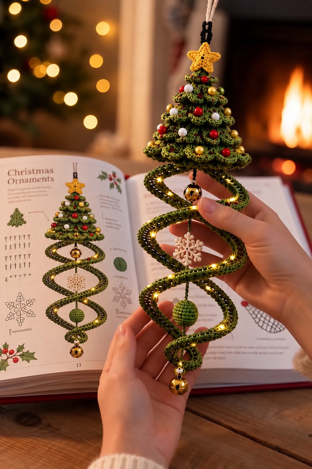 A detailed crochet Christmas tree ornament featuring a spiral base, beaded decorations, a yellow star topper, and festive hanging accents.