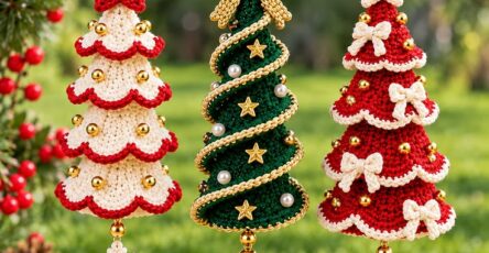 Three elaborate crochet Christmas tree ornaments hanging outdoors, decorated with scalloped edges, bows, beads, and festive accents.