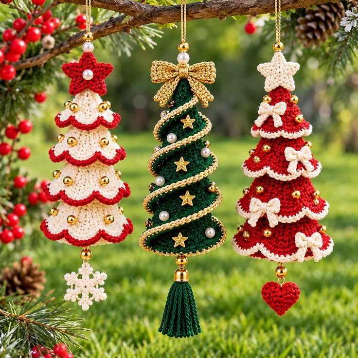 Three elaborate crochet Christmas tree ornaments hanging outdoors, decorated with scalloped edges, bows, beads, and festive accents.