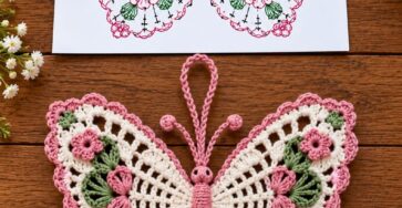 Hand-crocheted butterfly appliqué with lacy wings and floral details in white, pink, and green yarn, shown beside a crochet diagram.