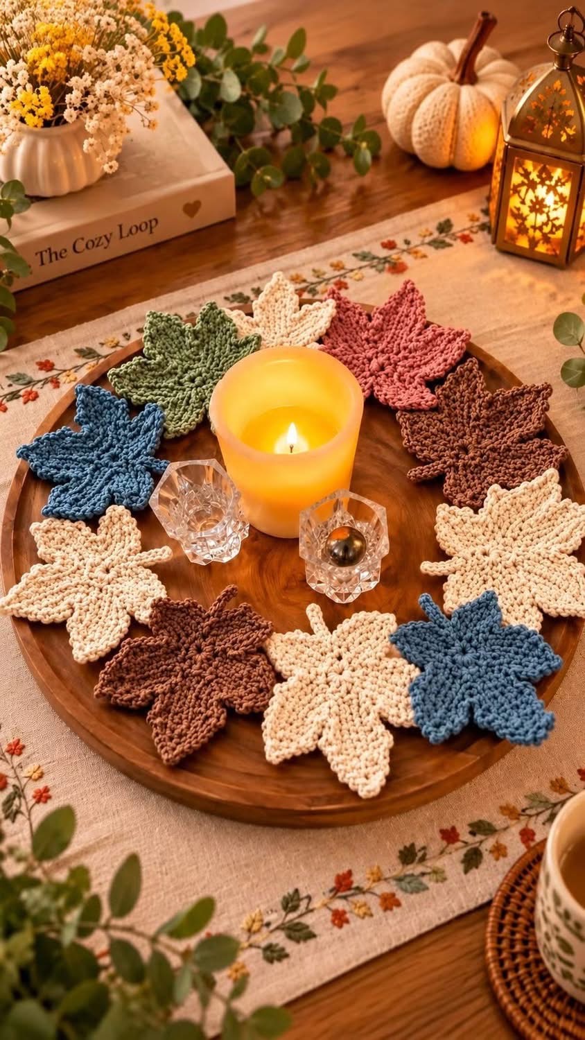 Several hand-crocheted maple leaf motifs in cream, blue, green, and brown tones arranged as autumn-inspired coasters or decor on a wooden tray.