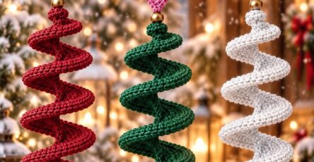 Three crocheted Christmas tree ornaments with spiral trees, star toppers featuring snowflakes, and bell bases with holly details, hanging outdoors against a snowy, festive background.