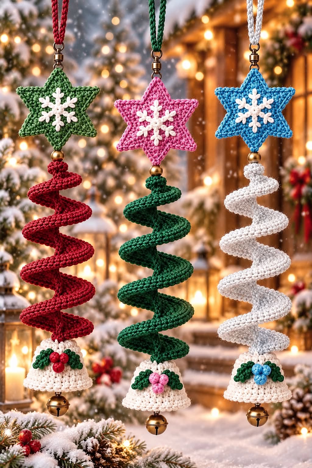 Three crocheted Christmas tree ornaments with spiral trees, star toppers featuring snowflakes, and bell bases with holly details, hanging outdoors against a snowy, festive background.