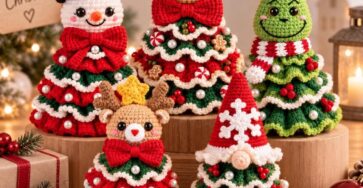 Five crochet Christmas tree characters with ruffled skirts, decorated with bows, ornaments, and festive faces.