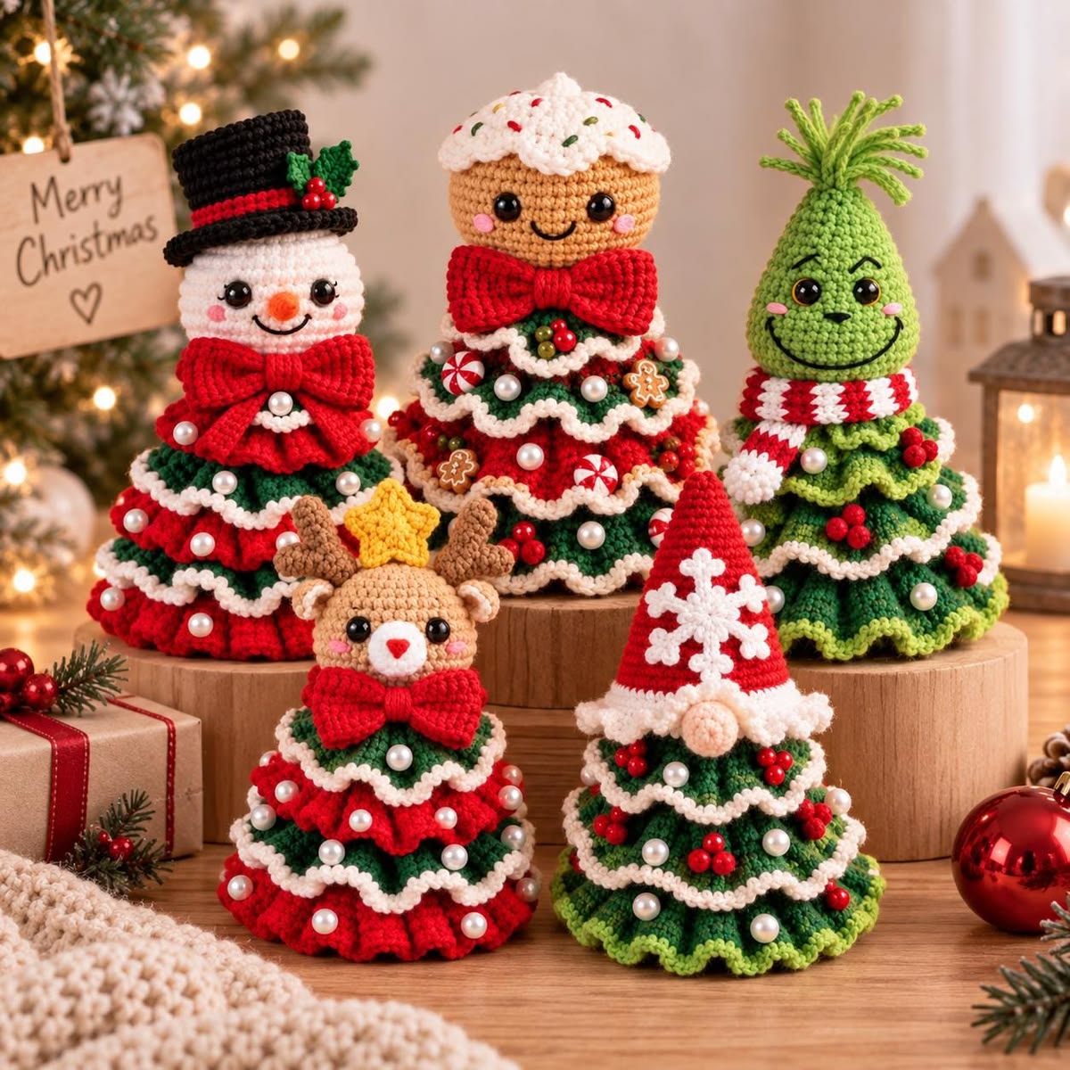 Five crochet Christmas tree characters with ruffled skirts, decorated with bows, ornaments, and festive faces.