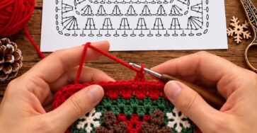 A colorful granny square featuring a 3D reindeer head with antlers, ears, and a red nose, bordered by green and red yarn with white snowflake accents.