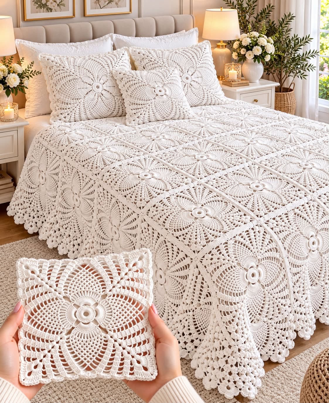 Hand holding a crocheted white lacy floral square with a matching white crochet bedspread and pillows made of similar floral motifs on a bed.