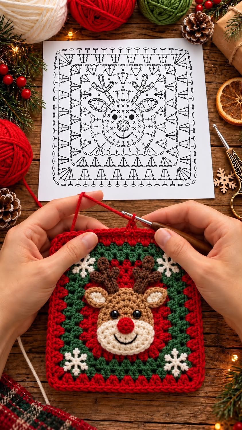 A colorful granny square featuring a 3D reindeer head with antlers, ears, and a red nose, bordered by green and red yarn with white snowflake accents.
