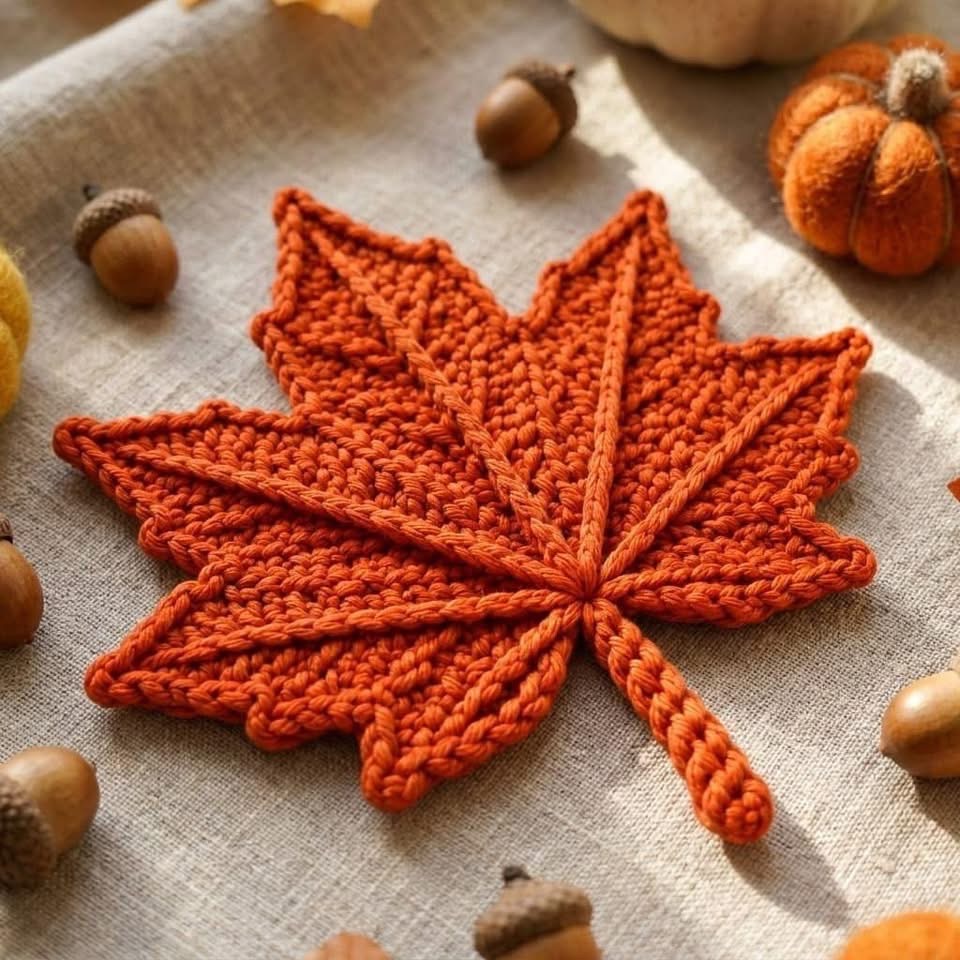 A flat, bright orange crochet maple leaf with textured veins, displayed as an autumn-themed decoration.