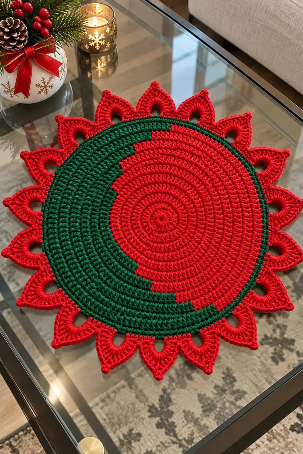 Round crochet placemat with alternating red and green color blocking and petal-shaped edging, displayed on a glass table.
