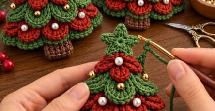 Three hand-crocheted Christmas tree ornaments with layered green and red branches, brown trunks, star toppers, and beaded decorations.