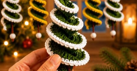 A hand holding a spiral crochet Christmas tree ornament with white edging and a hanging loop, with several similar ornaments hanging in the background.