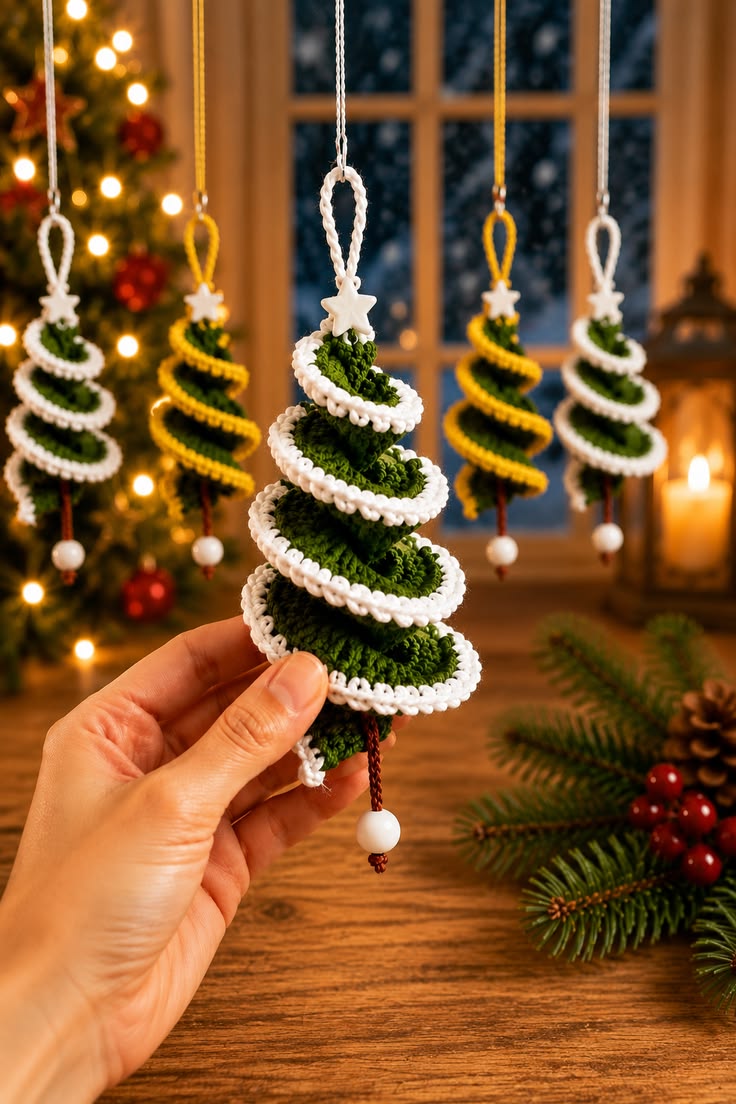 A hand holding a spiral crochet Christmas tree ornament with white edging and a hanging loop, with several similar ornaments hanging in the background.