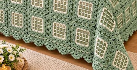 Crocheted sage green and cream bedspread with openwork granny squares and scalloped lace borders, displayed on a bed with matching pillow shams.