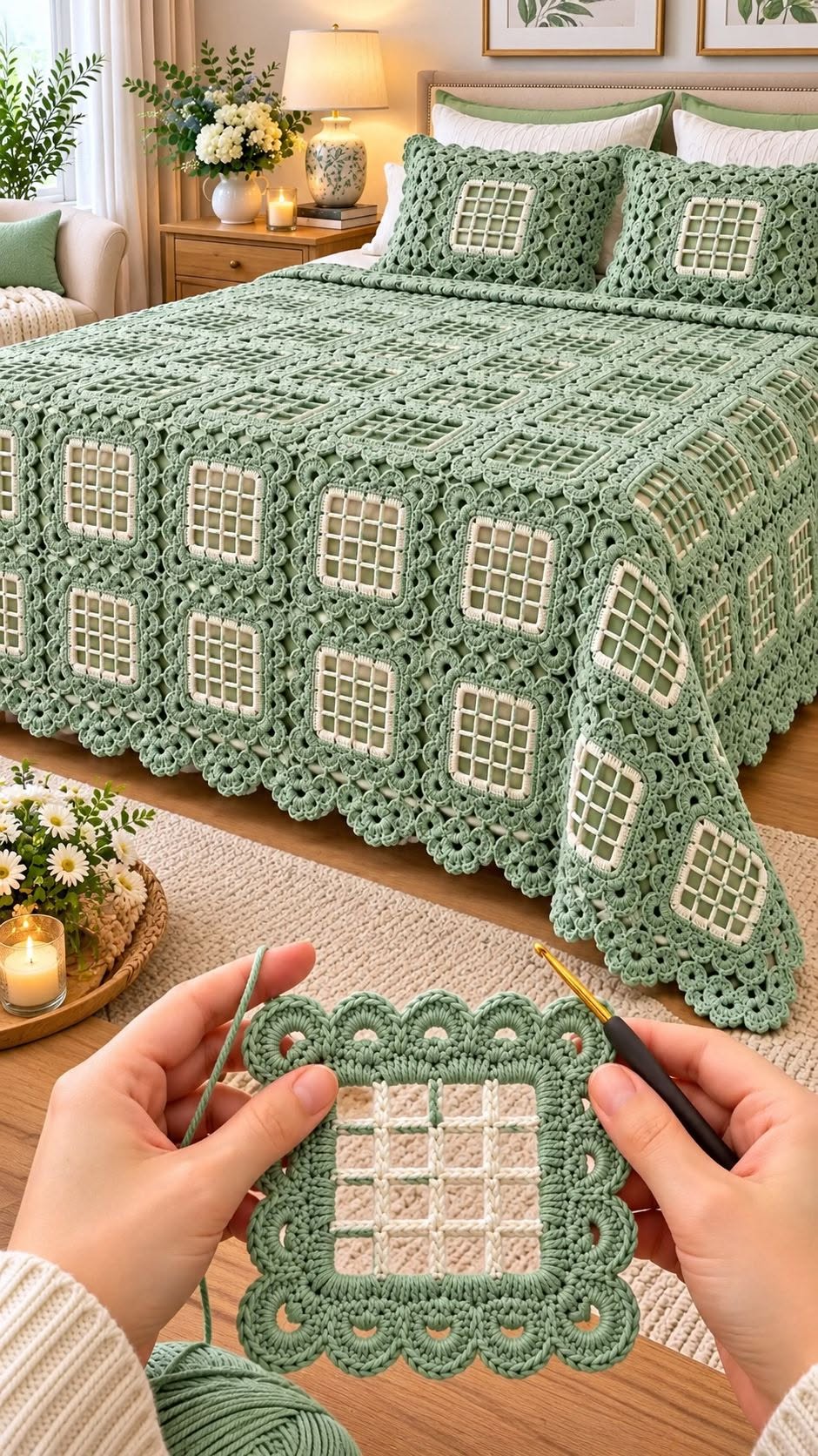 Crocheted sage green and cream bedspread with openwork granny squares and scalloped lace borders, displayed on a bed with matching pillow shams.