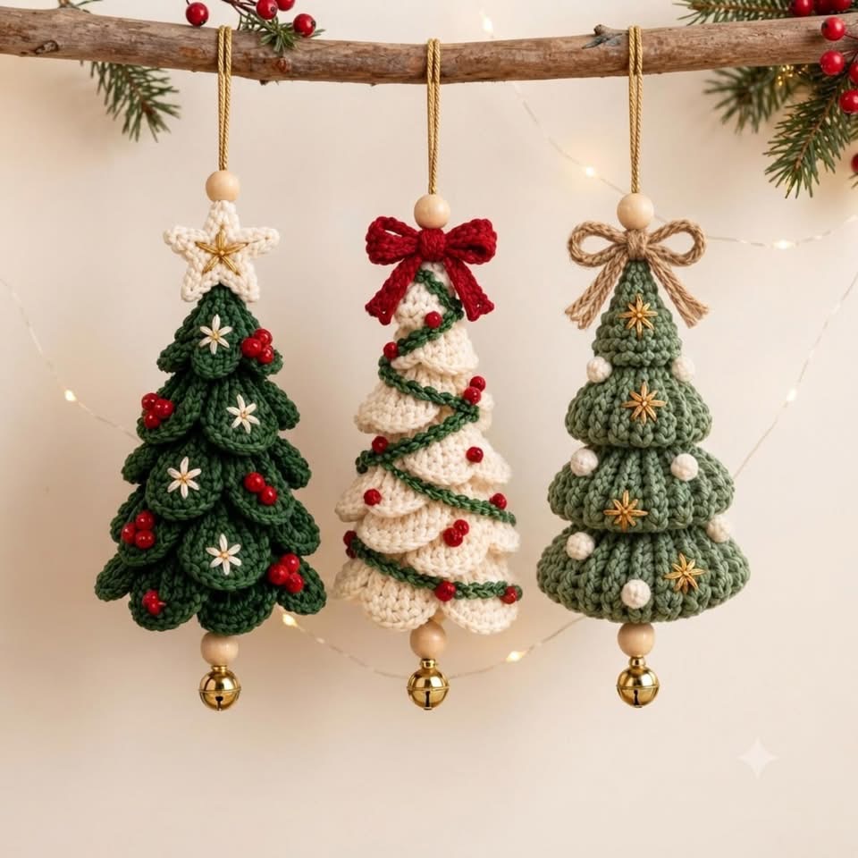 Three handmade crochet Christmas tree ornaments with layered branches, beads, bows, and bells in green and cream colors.