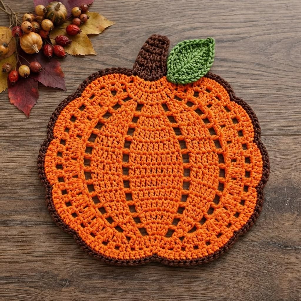 A handmade crochet pumpkin placemat with an orange body, brown stem, and a green leaf on a wooden background.